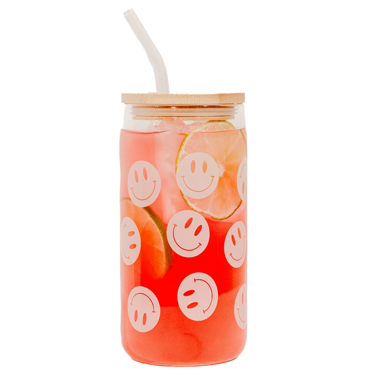Smiley Face Glass Tumbler w/ Bamboo Lid