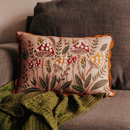 Woodland Mushrooms Embroidered Pillow