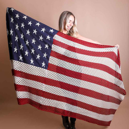 Oversized American Flag Knit Netted Blanket Scarf