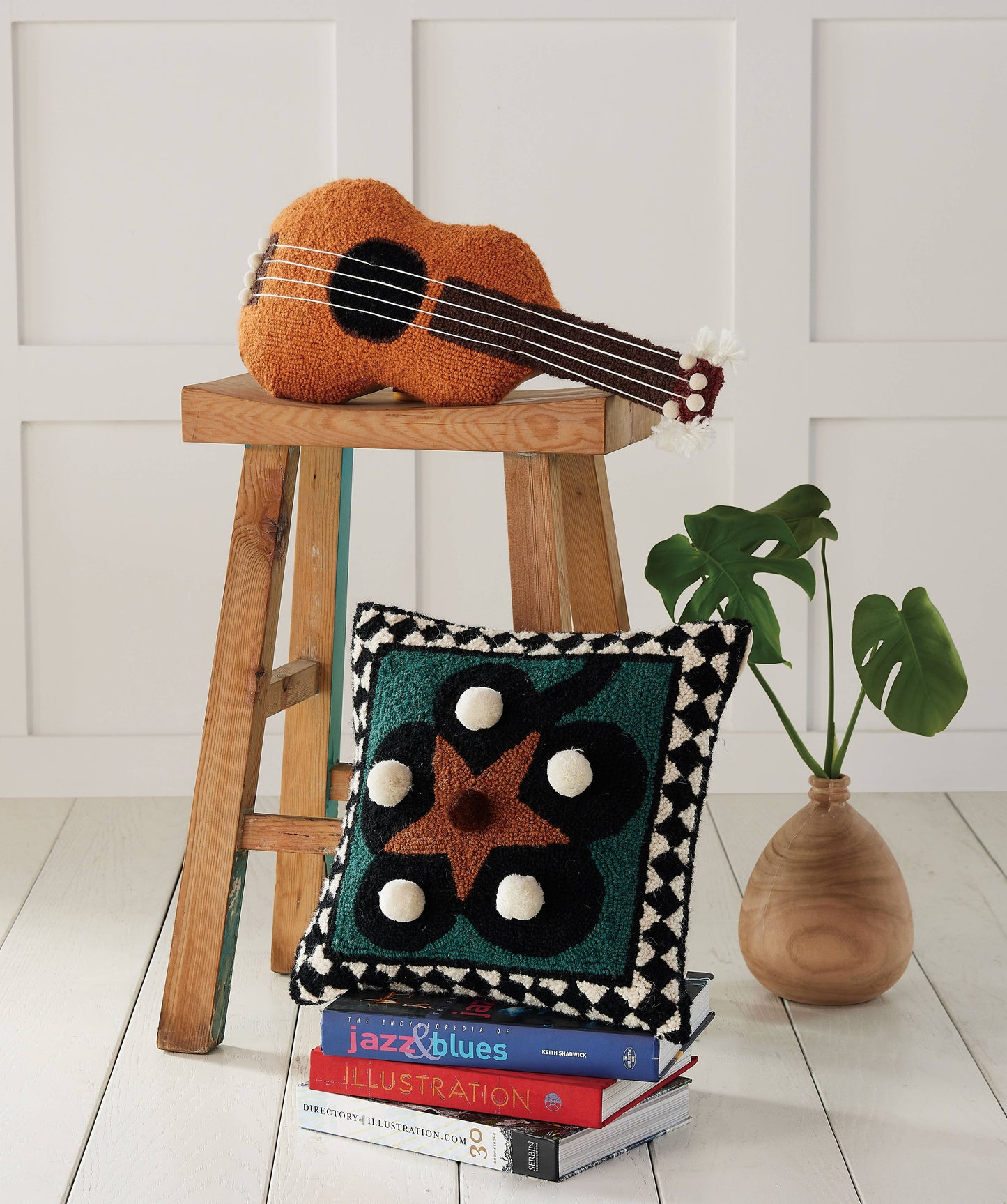 Ukulele Small Guitar PomPoms Hook Pillow
