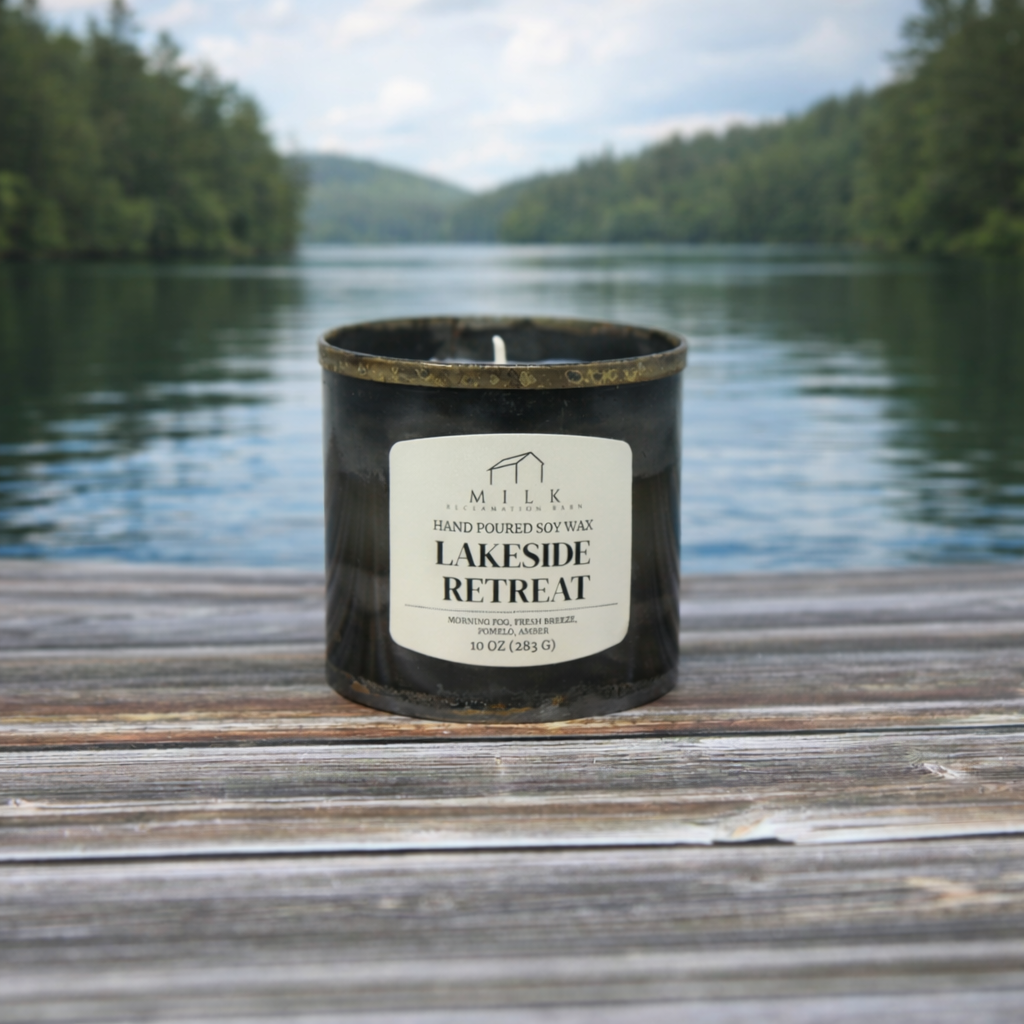 Lakeside Retreat Soy Candle | Rustic Barn Metal 10 oz