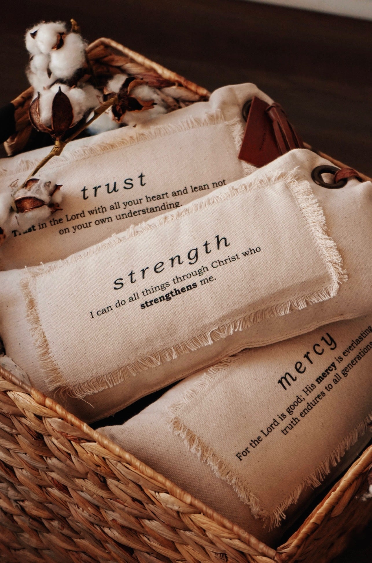 Bible Verse Mini Canvas Pillow w/ Leather Tag