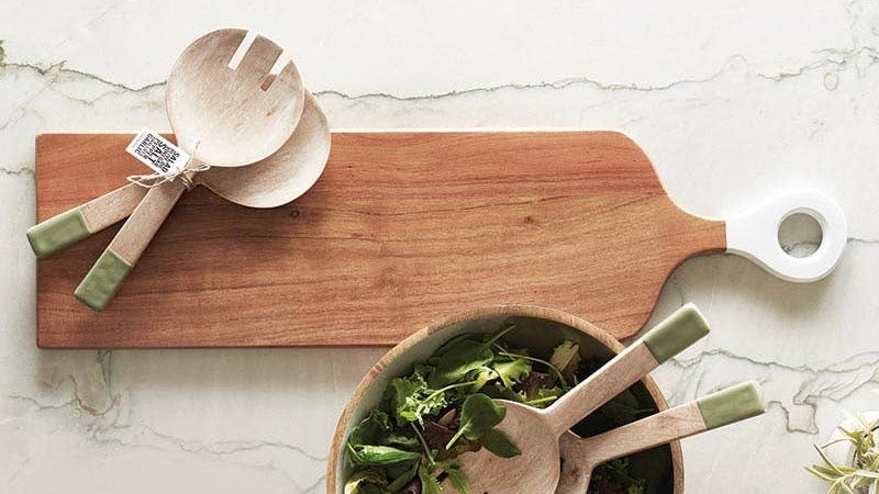 Acacia Wood Salad Servers| Natural Wood+ Green Handles (Set of 2)