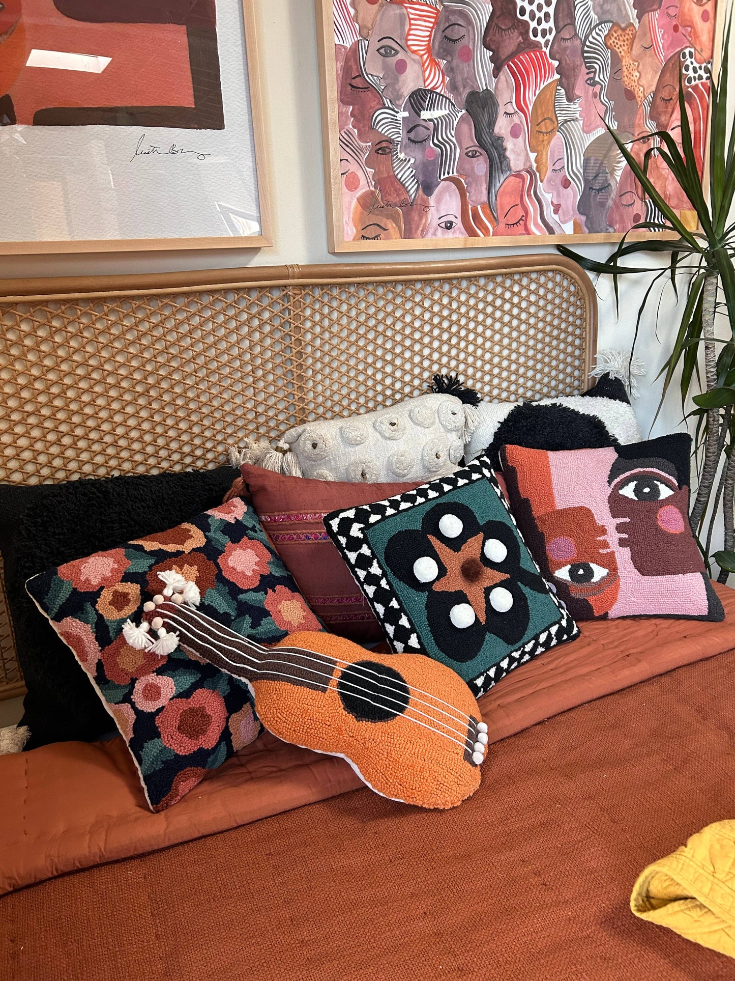 Ukulele Small Guitar PomPoms Hook Pillow