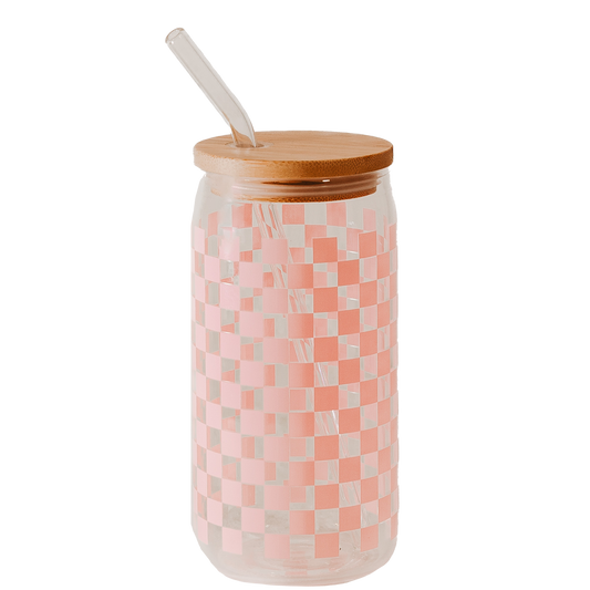 Pink Checkered Glass Tumbler w/ Bamboo Lid