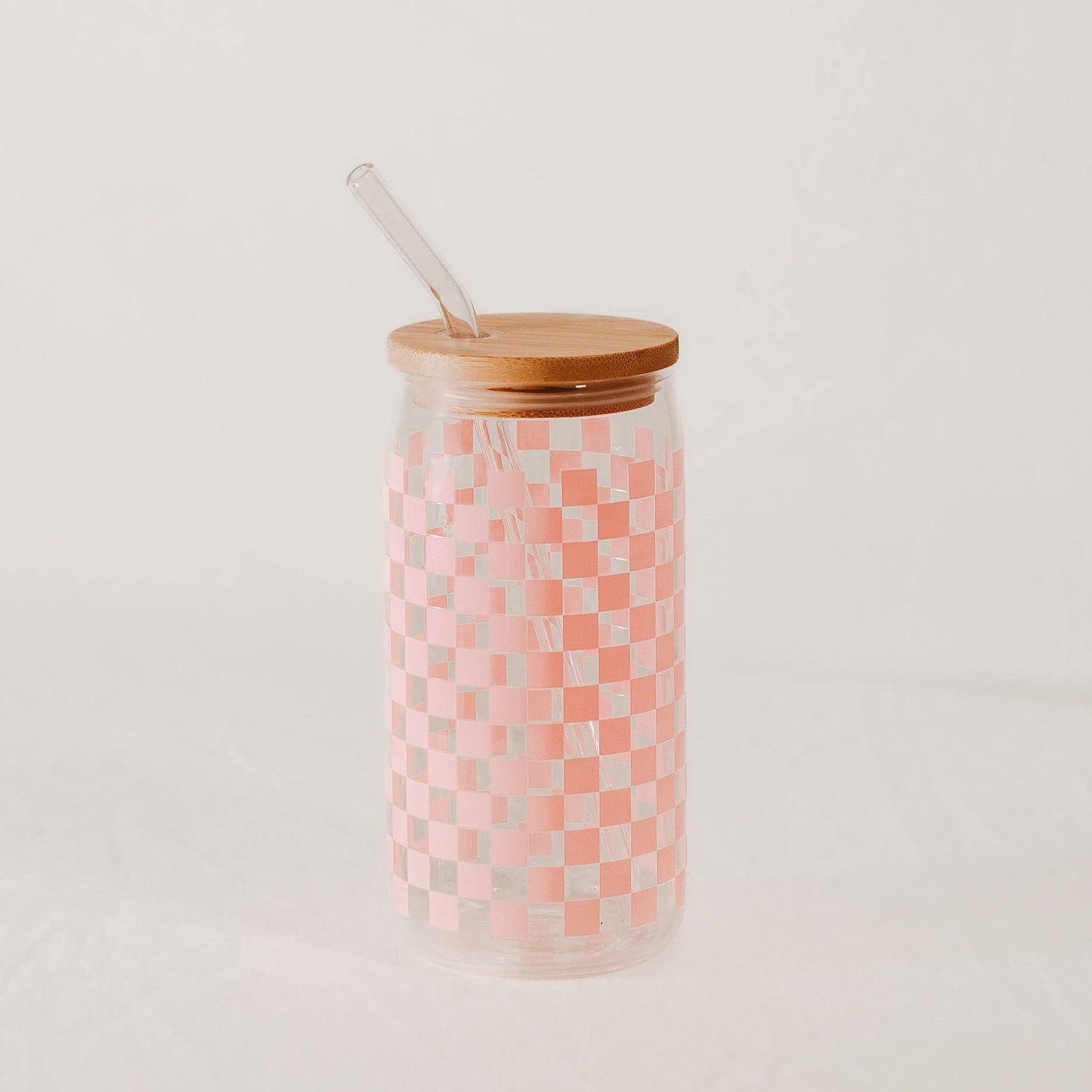 Pink Checkered Glass Tumbler w/ Bamboo Lid