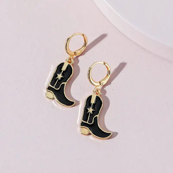 Black Cowboy Boots Drop Earrings [Black]