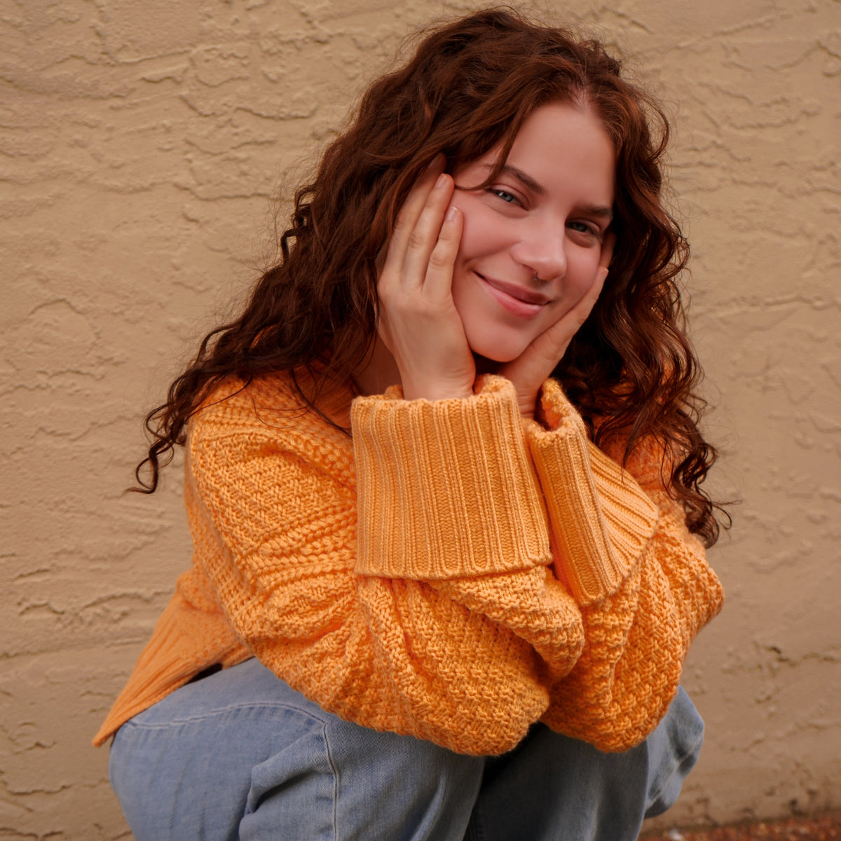 Orange Cropped Knit Button-Up Cardigan