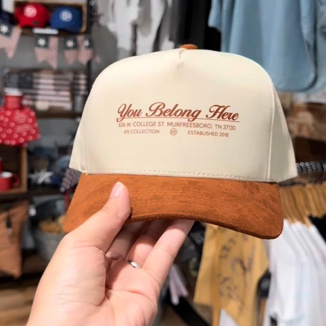 You Belong Here Suede Bill Trucker Hat | Camel
