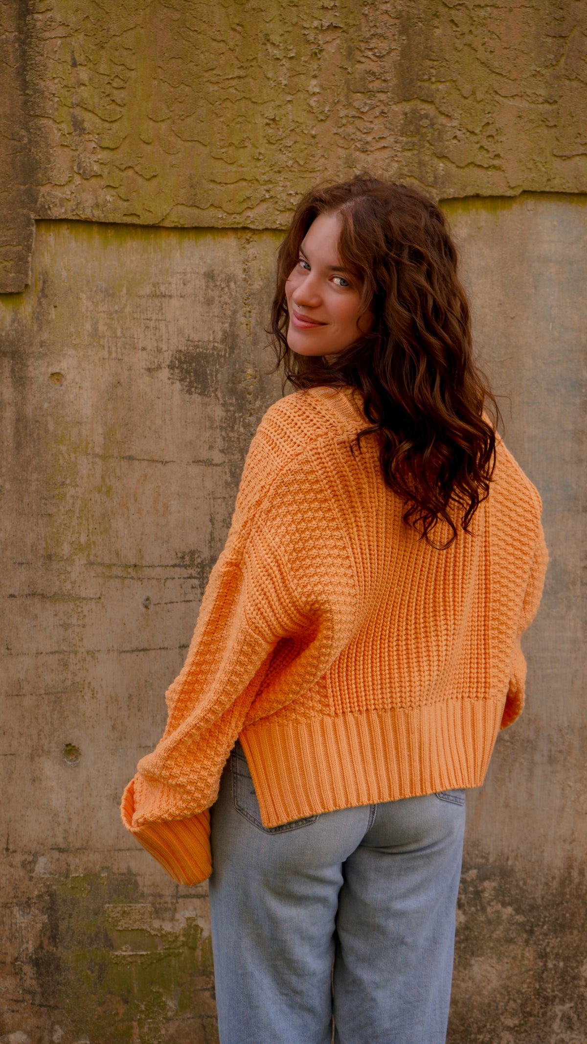 Orange Cropped Knit Button-Up Cardigan