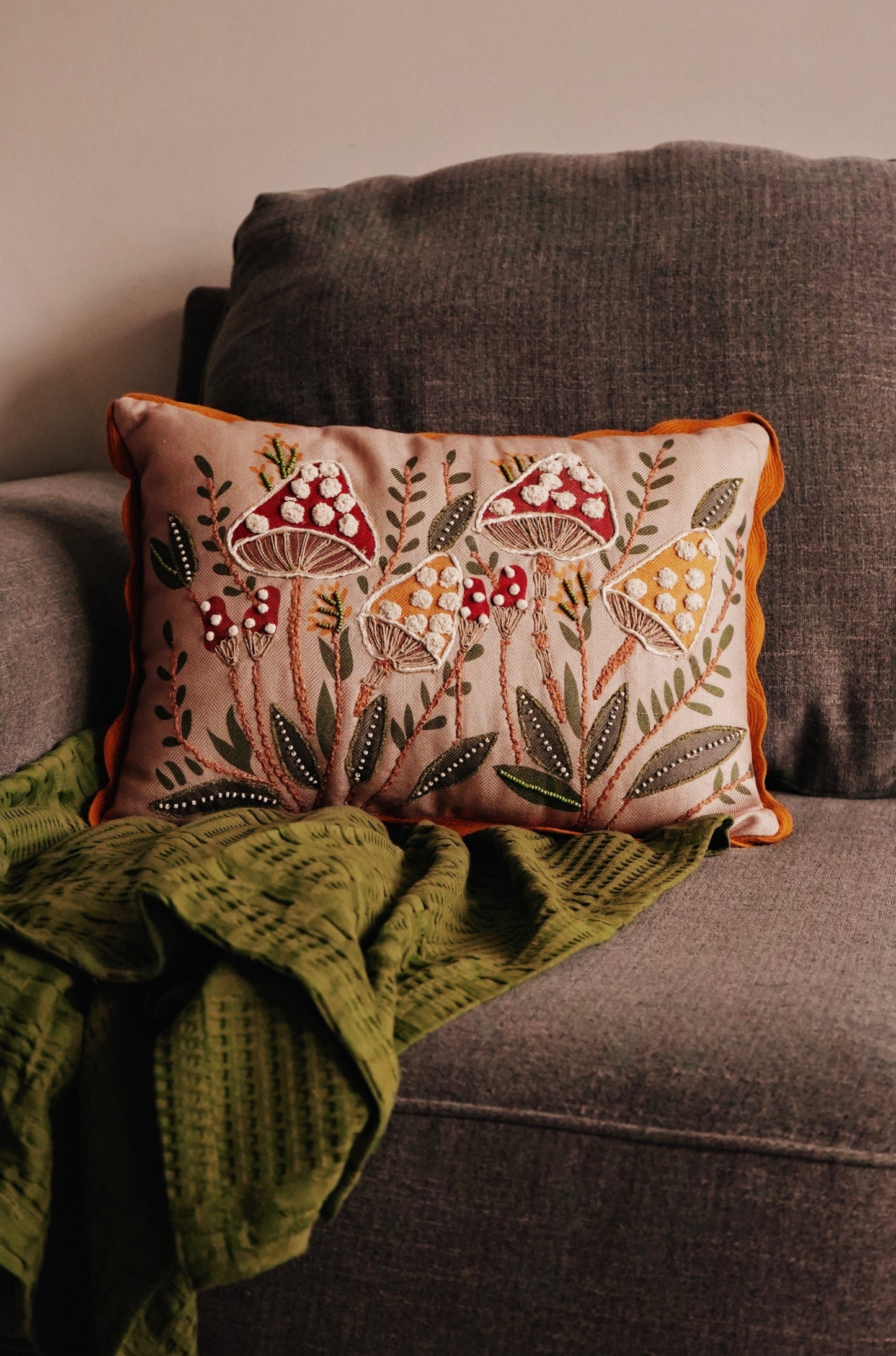 Woodland Mushrooms Embroidered Pillow