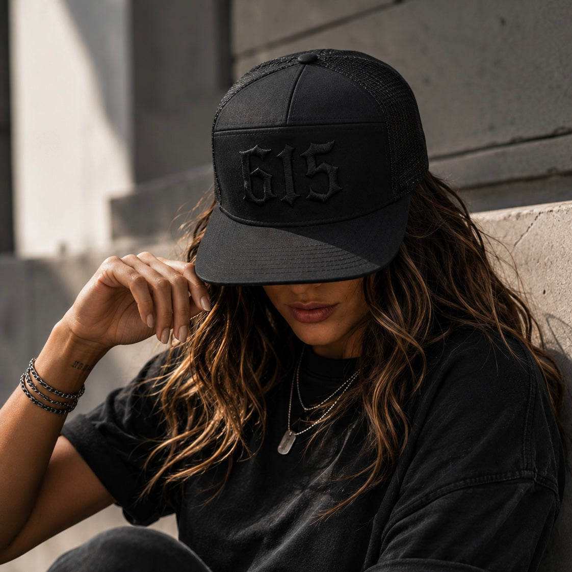 615 7-Panel Trucker Hat [Blackout] | Black Collection