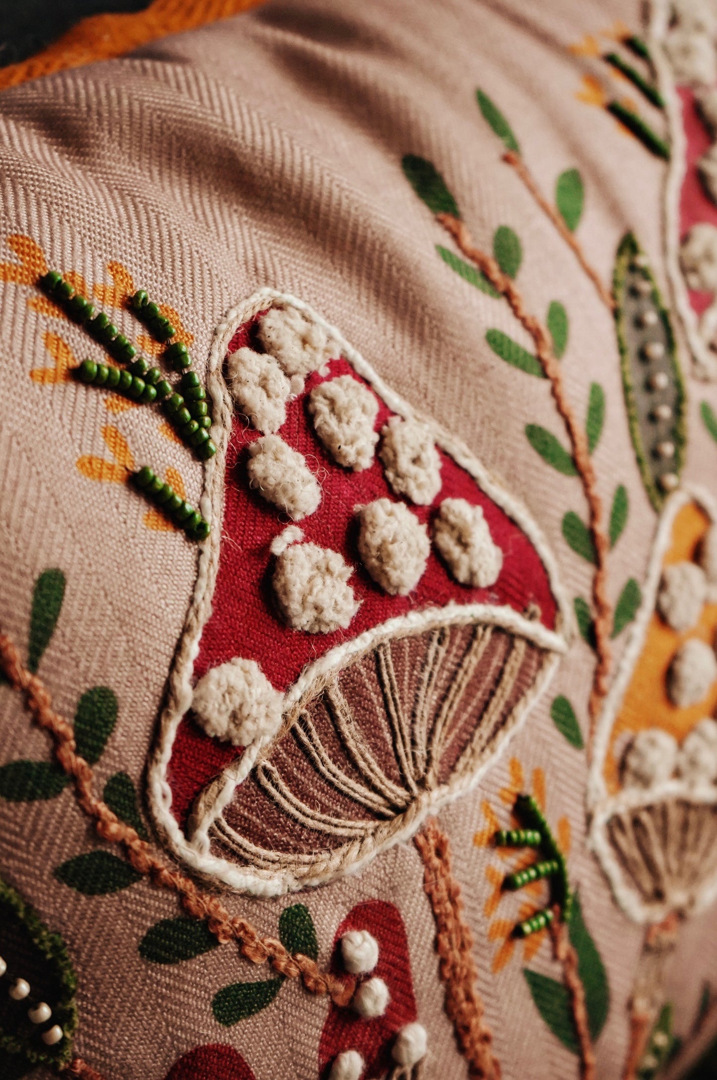 Woodland Mushrooms Embroidered Pillow