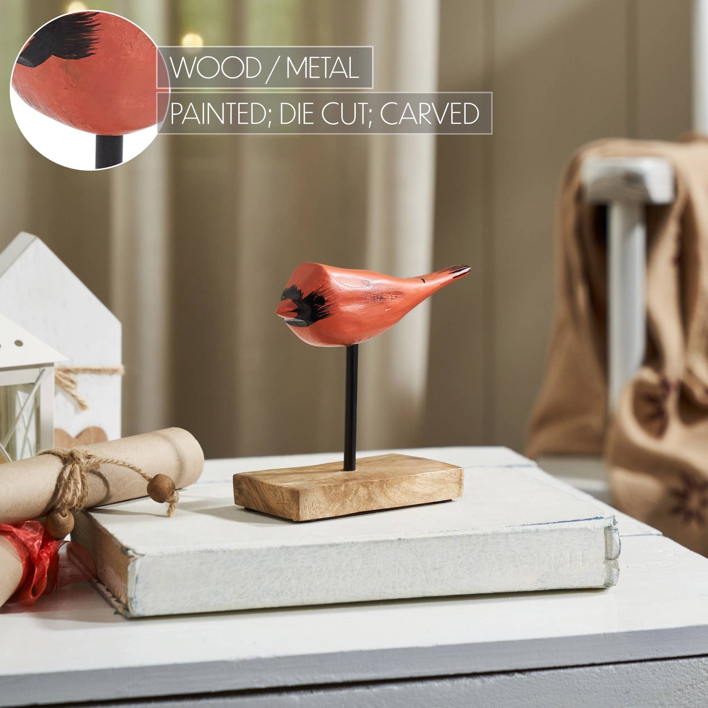 In Flight Natural Wooden Cardinal on Metal Stand 5x5x2