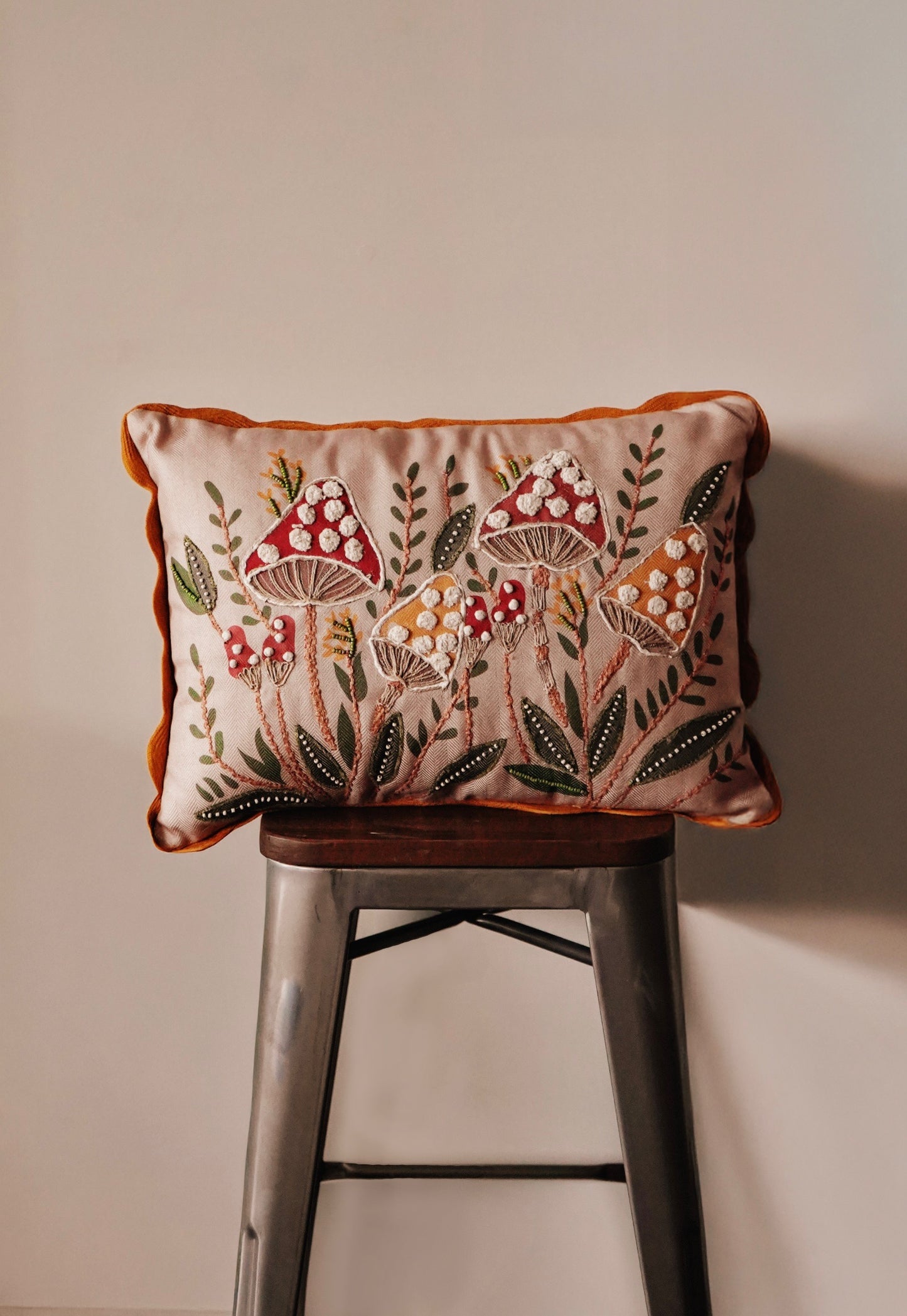 Woodland Mushrooms Embroidered Pillow