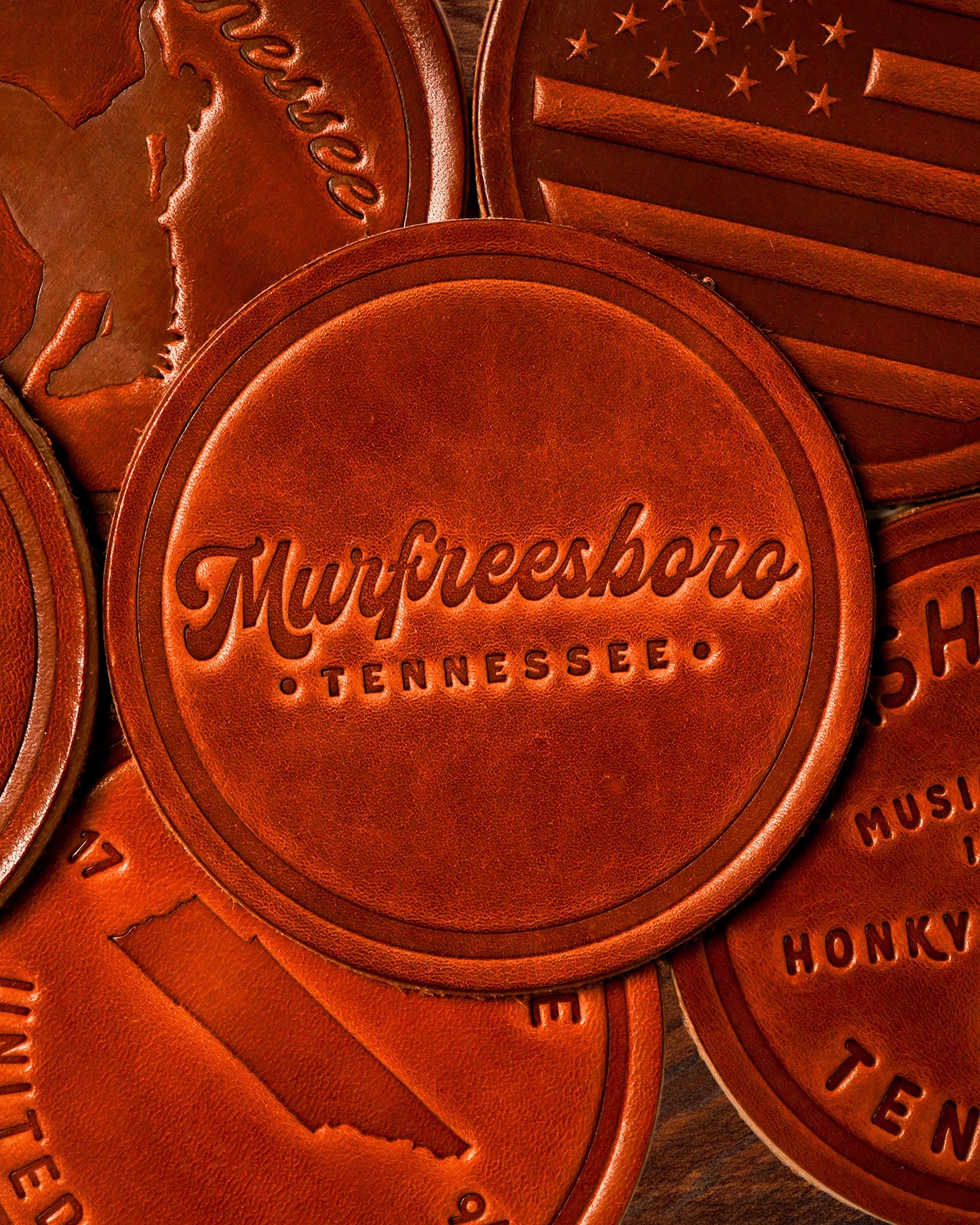 バーベキュー・調理用品 oldmountain LEATHER COASTER Murfreesboro Script Genuine Leather Coaster – 615 Collection