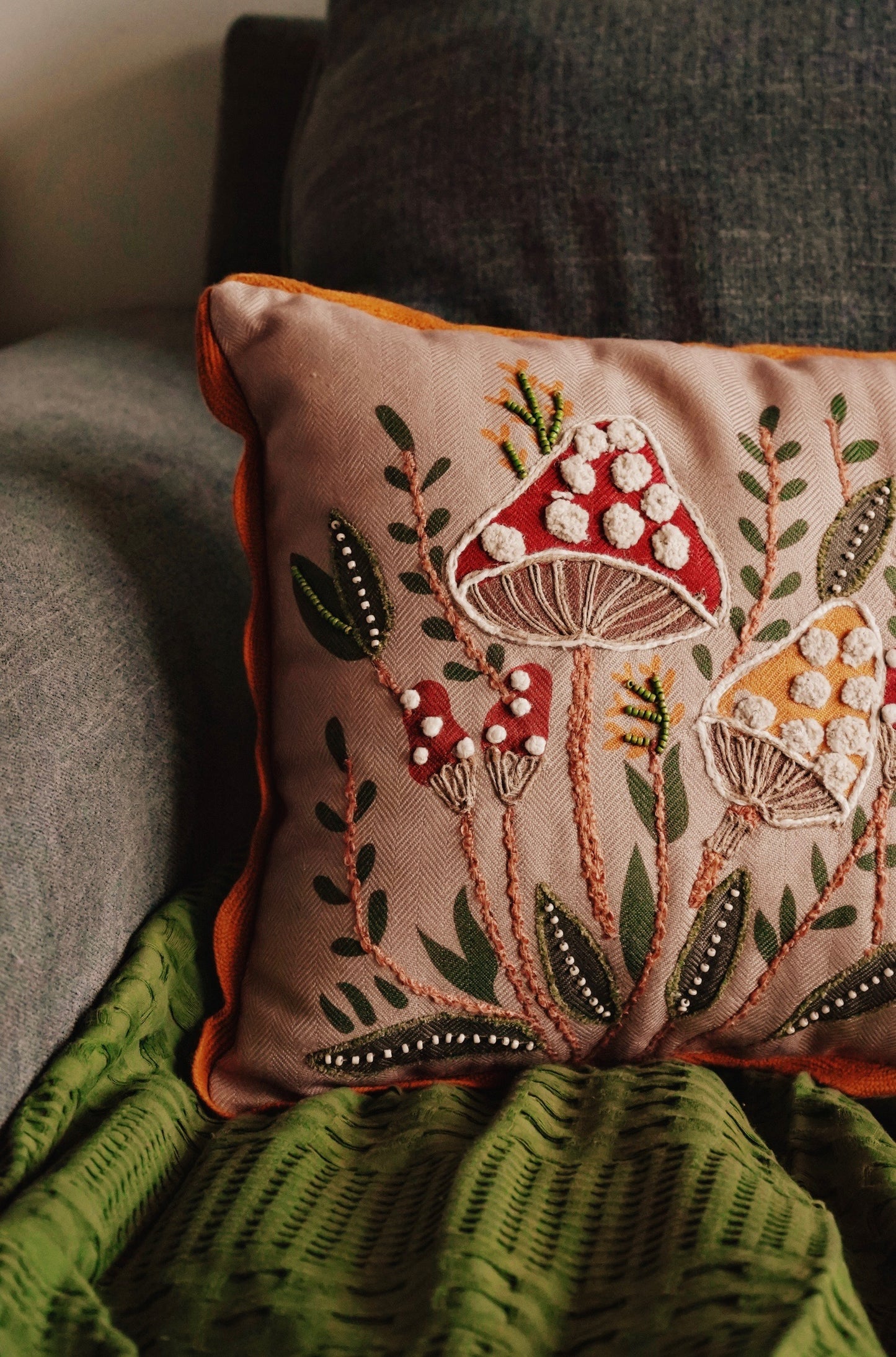 Woodland Mushrooms Embroidered Pillow