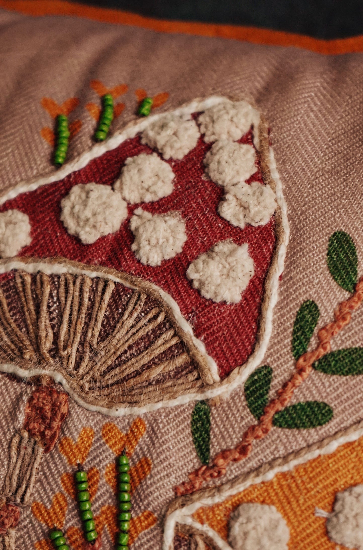 Woodland Mushrooms Embroidered Pillow