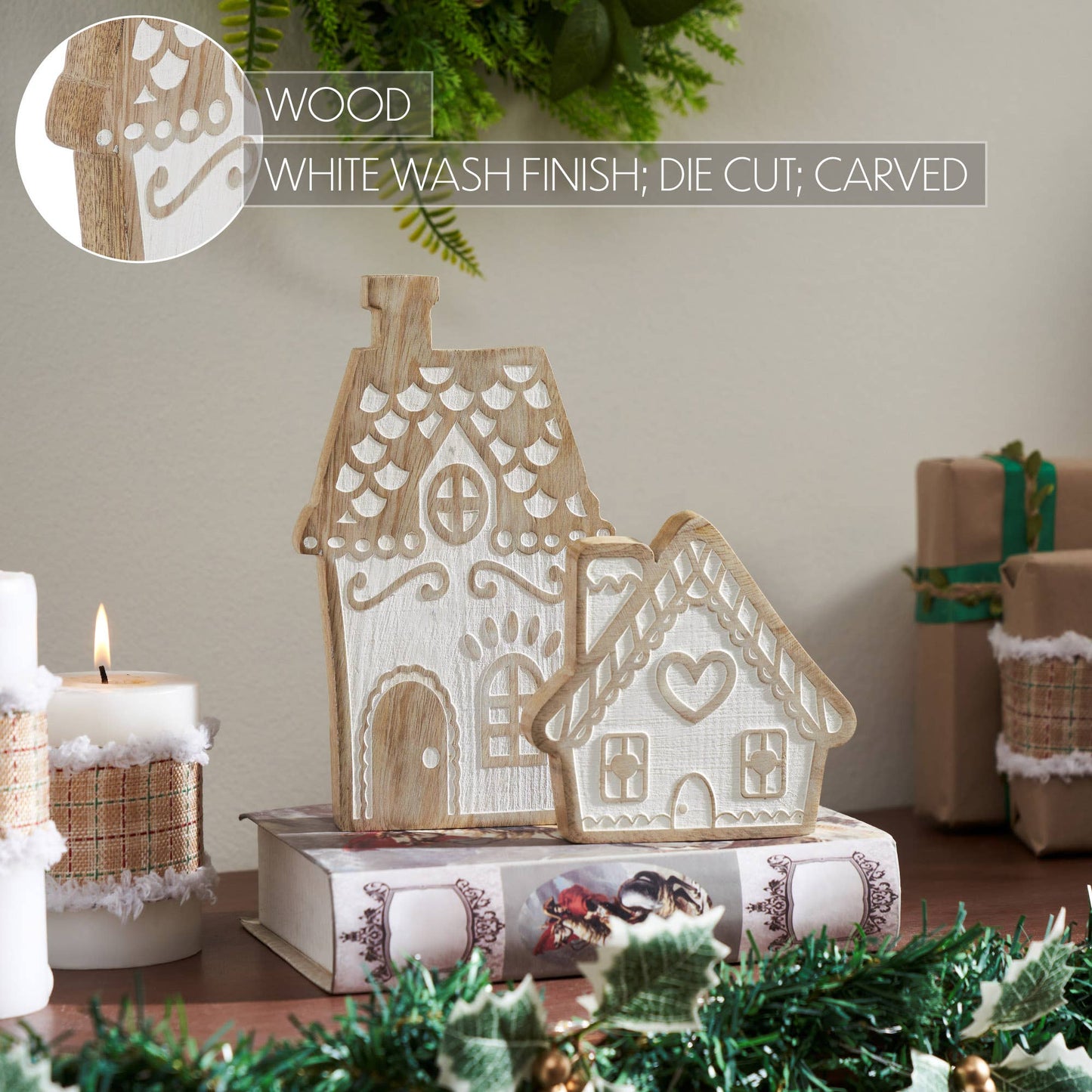 White Washed Gingerbread Drive Natural Wooden Houses Set of 2 - 5x5x1/8x5x1