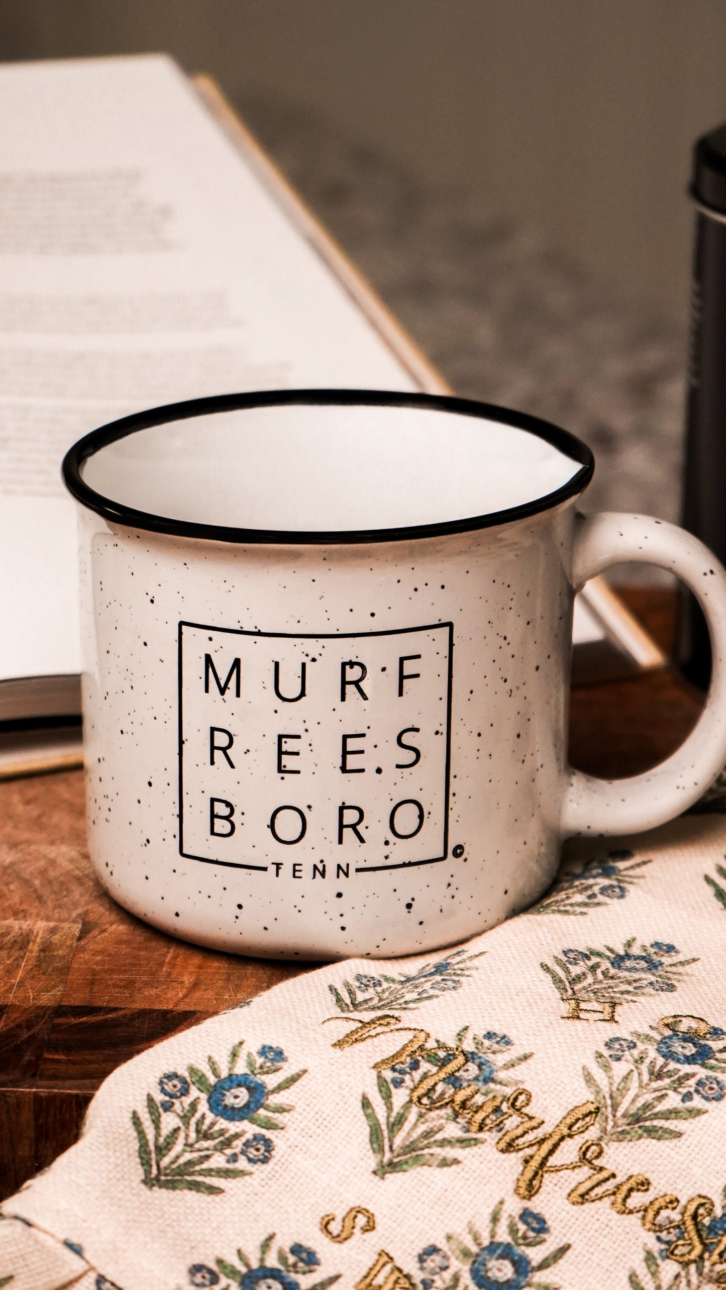 Murfreesboro Square© Campfire Mug | Speckled Ceramic Coffee Cup [White]