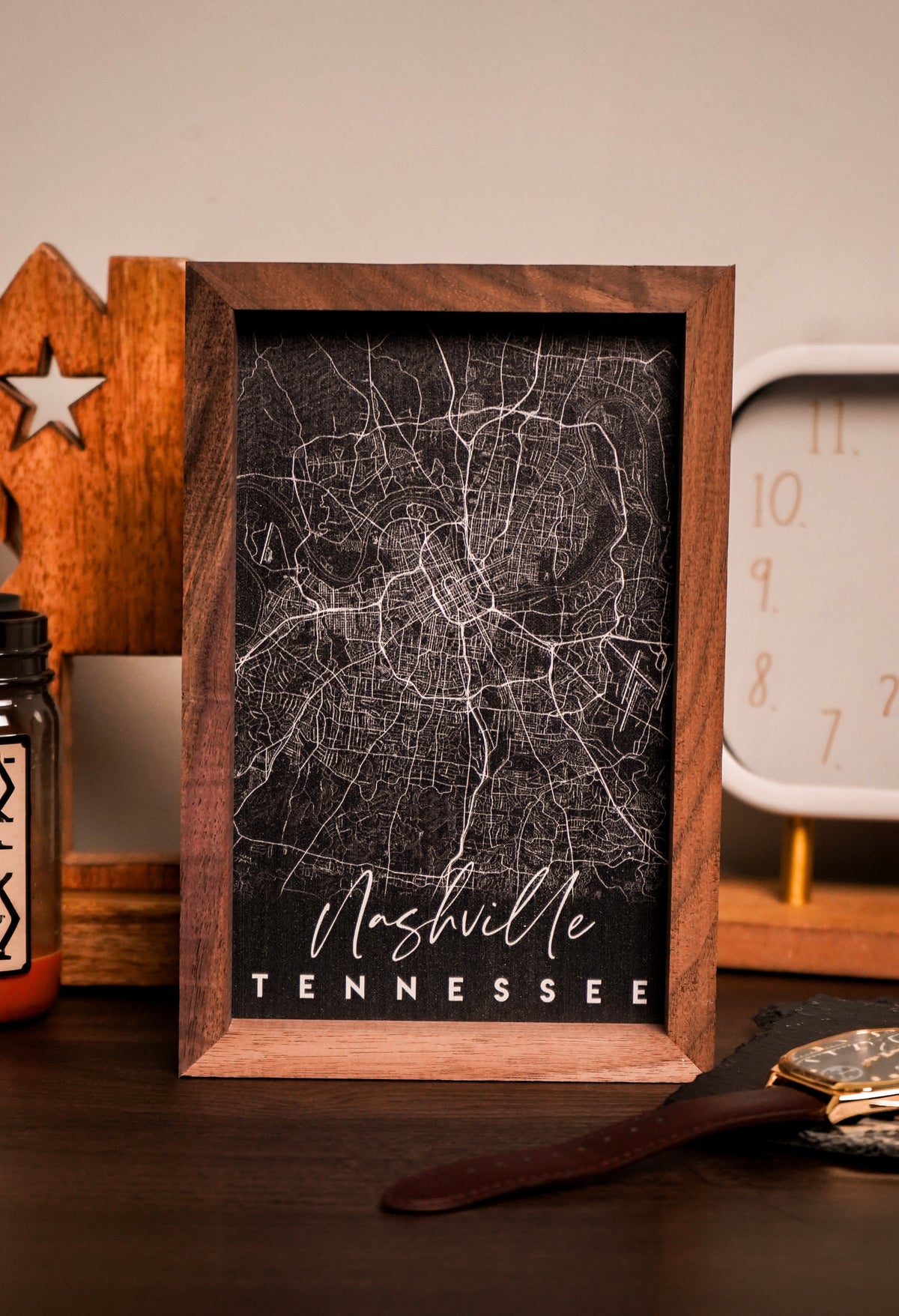 Nashville Coordinates Map Wood Sign [Black]