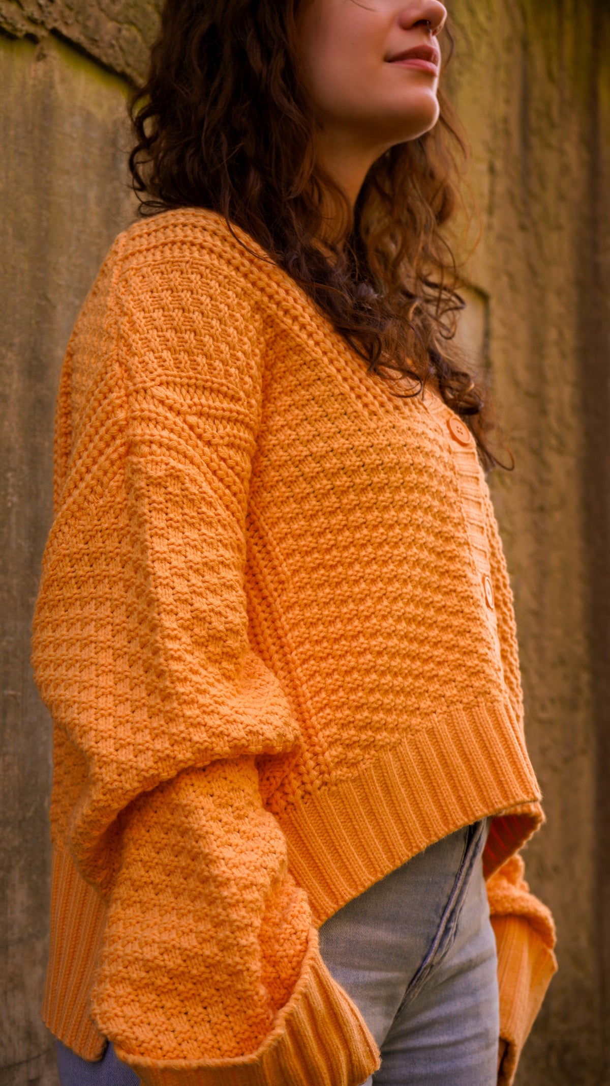 Orange Cropped Knit Button-Up Cardigan