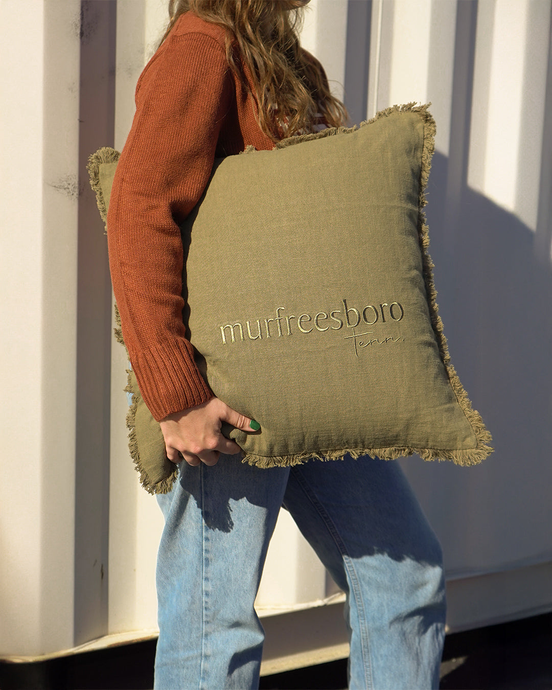 Tone on Tone Fringe Murfreesboro Pillow Large [Olive Green]