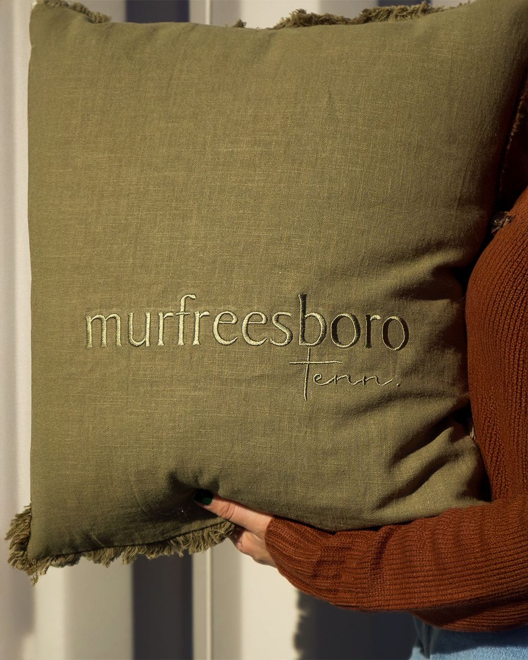 Tone on Tone Fringe Murfreesboro Pillow Large [Olive Green]