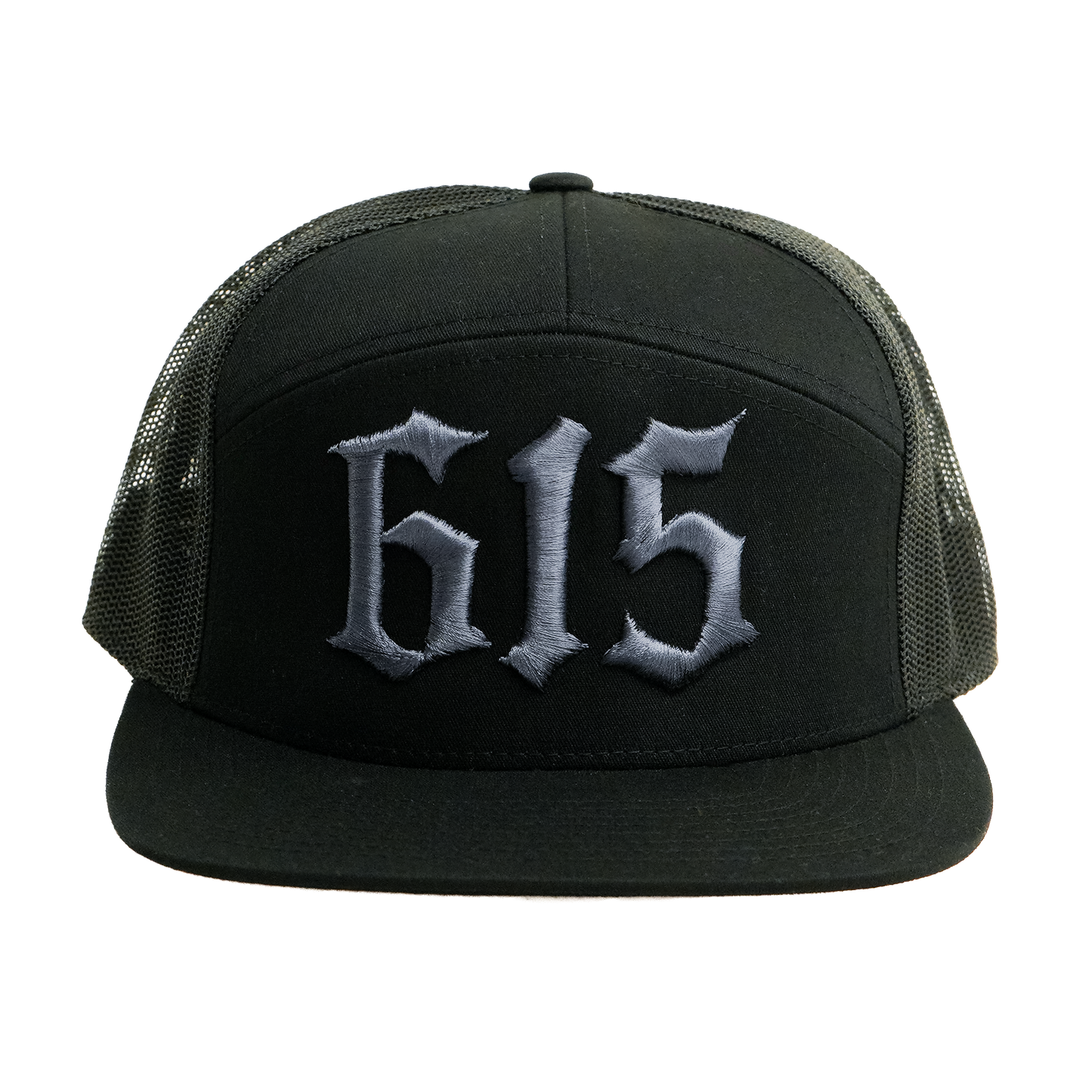 615 7 Panel Trucker Hat [Black w/ Grey]