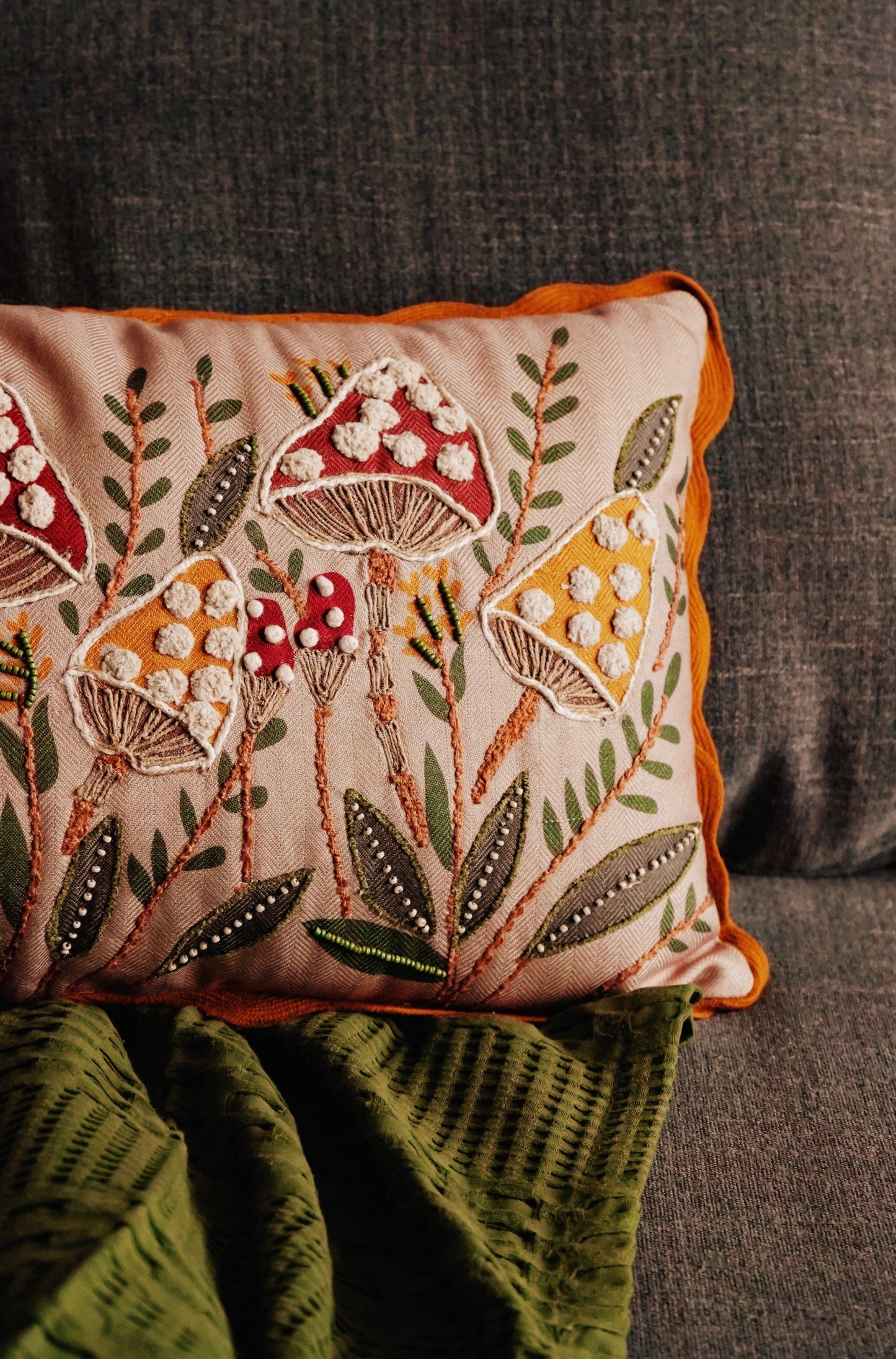 Woodland Mushrooms Embroidered Pillow