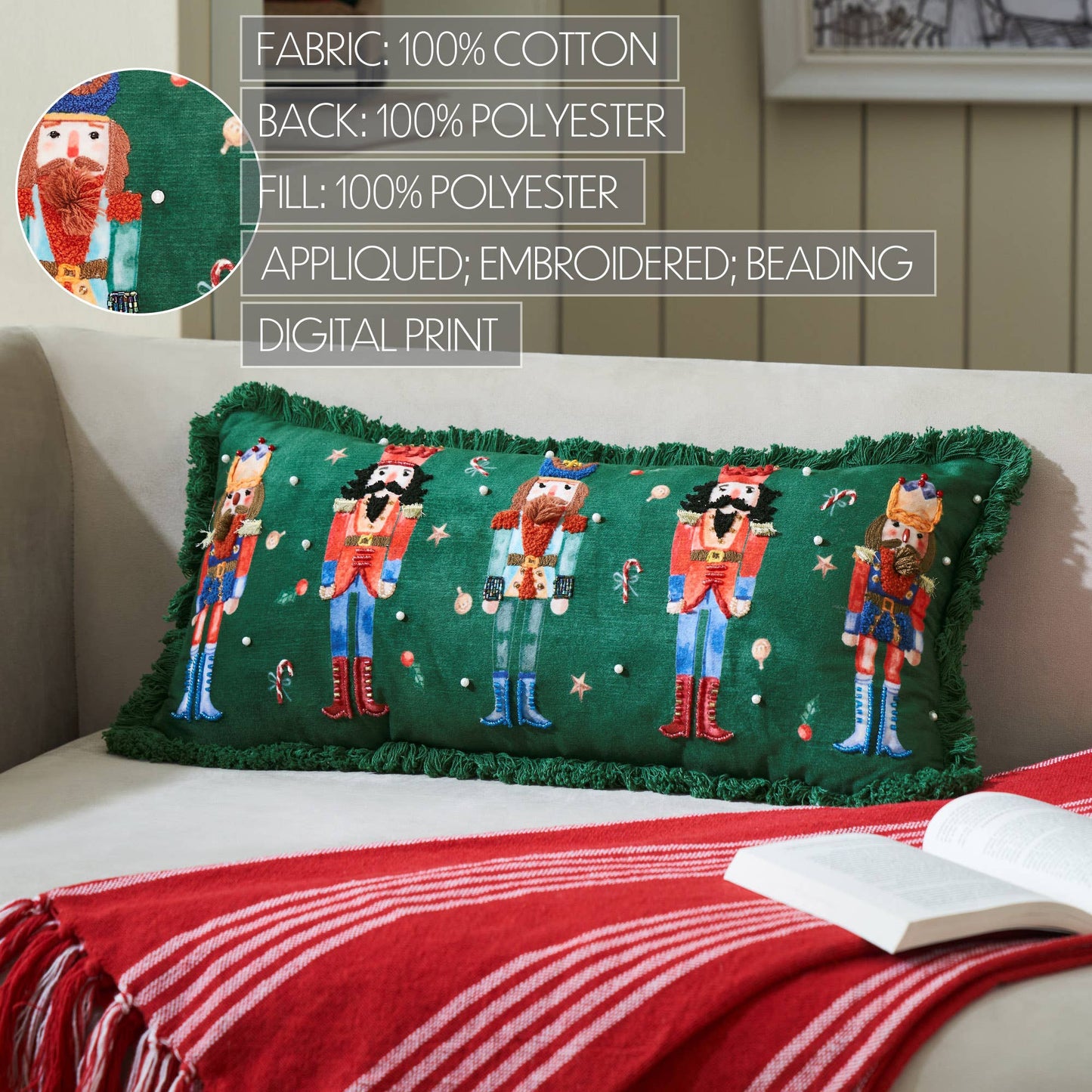 Nutcracker Green Fringed Pillow 12x24