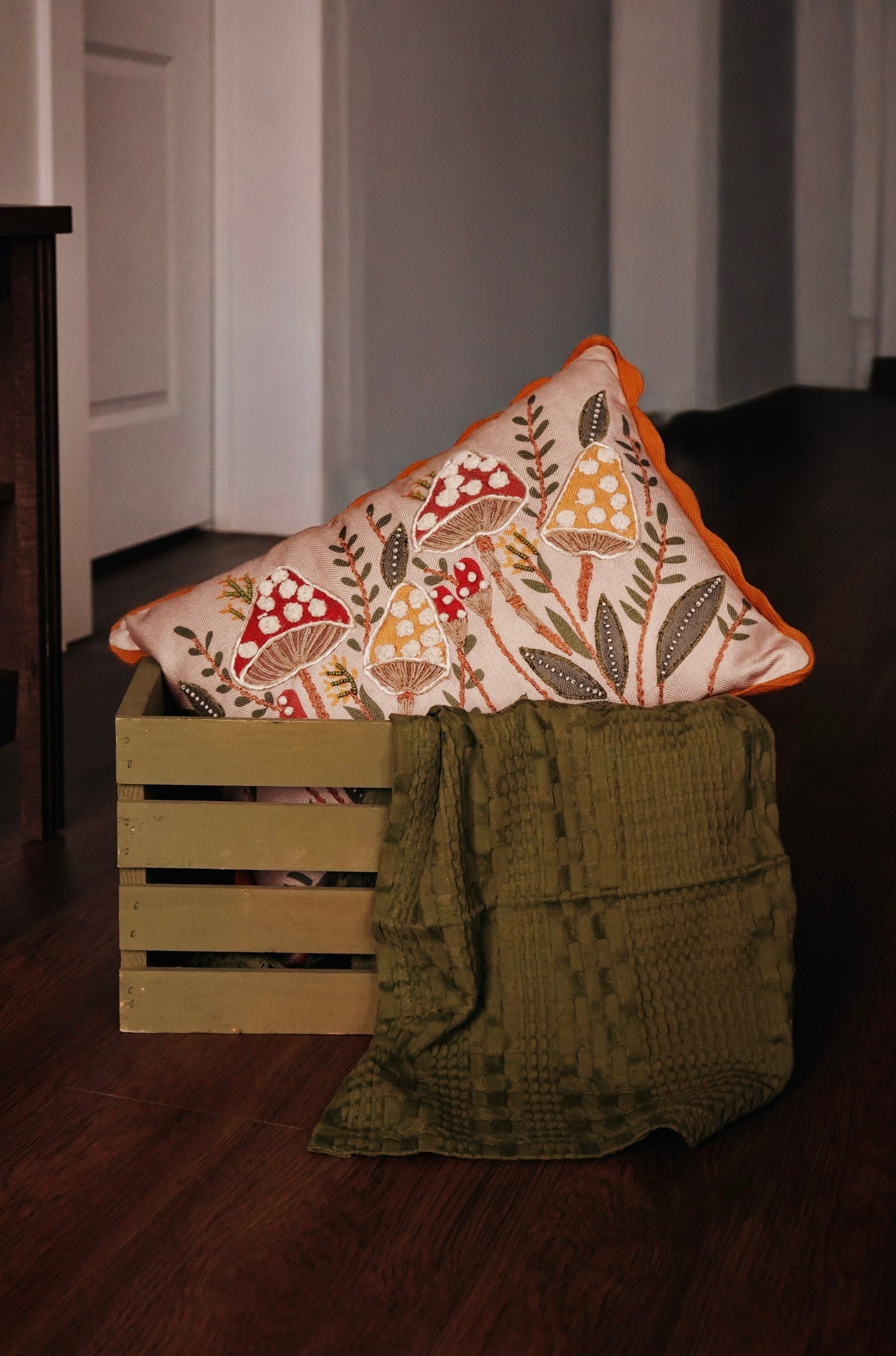 Woodland Mushrooms Embroidered Pillow