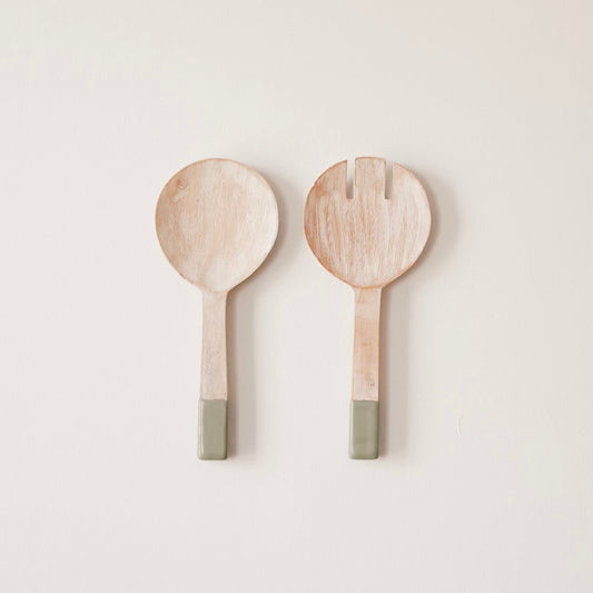 Acacia Wood Salad Servers| Natural Wood+ Green Handles (Set of 2)