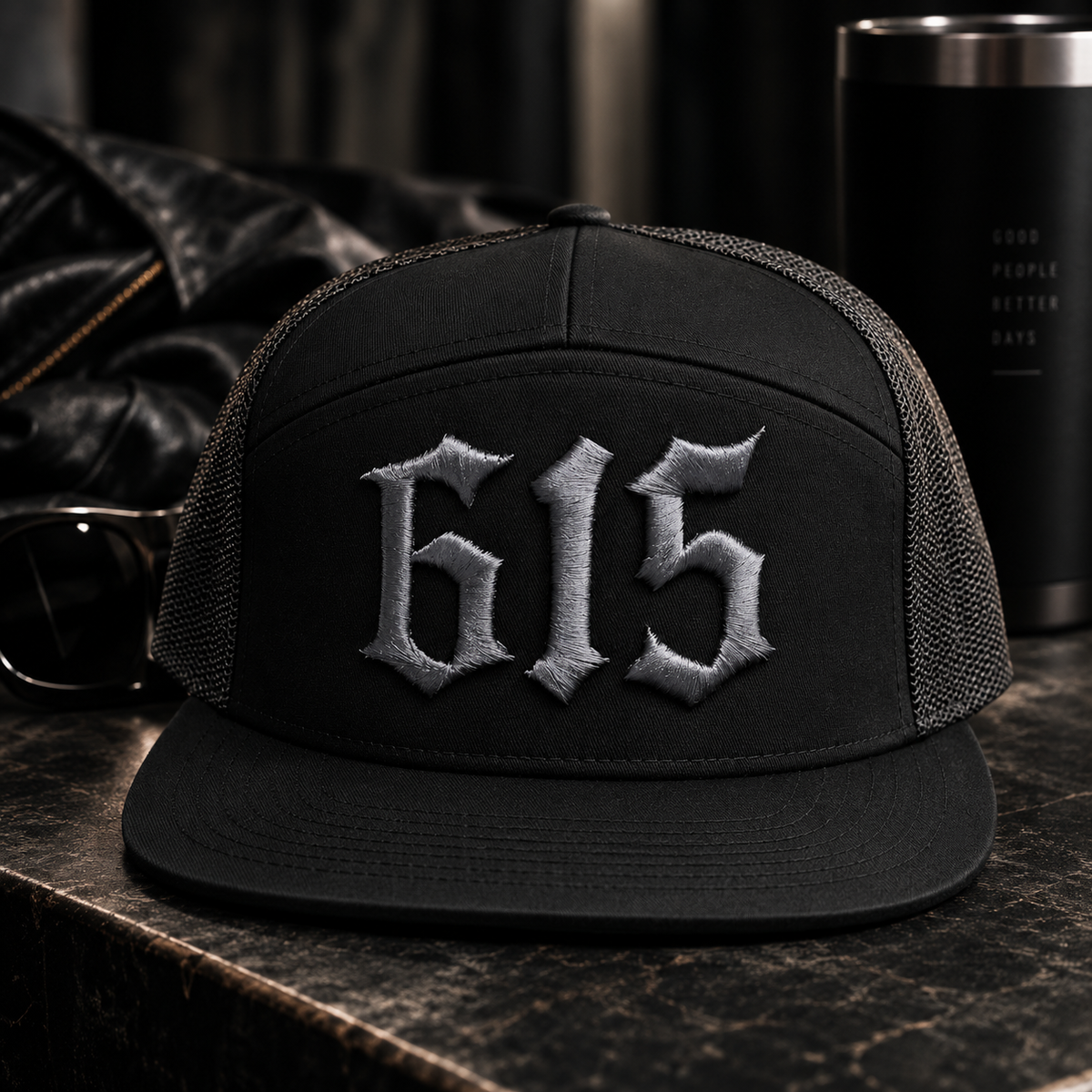 615 7-Panel Trucker Hat [Silver/Black] | Black Collection