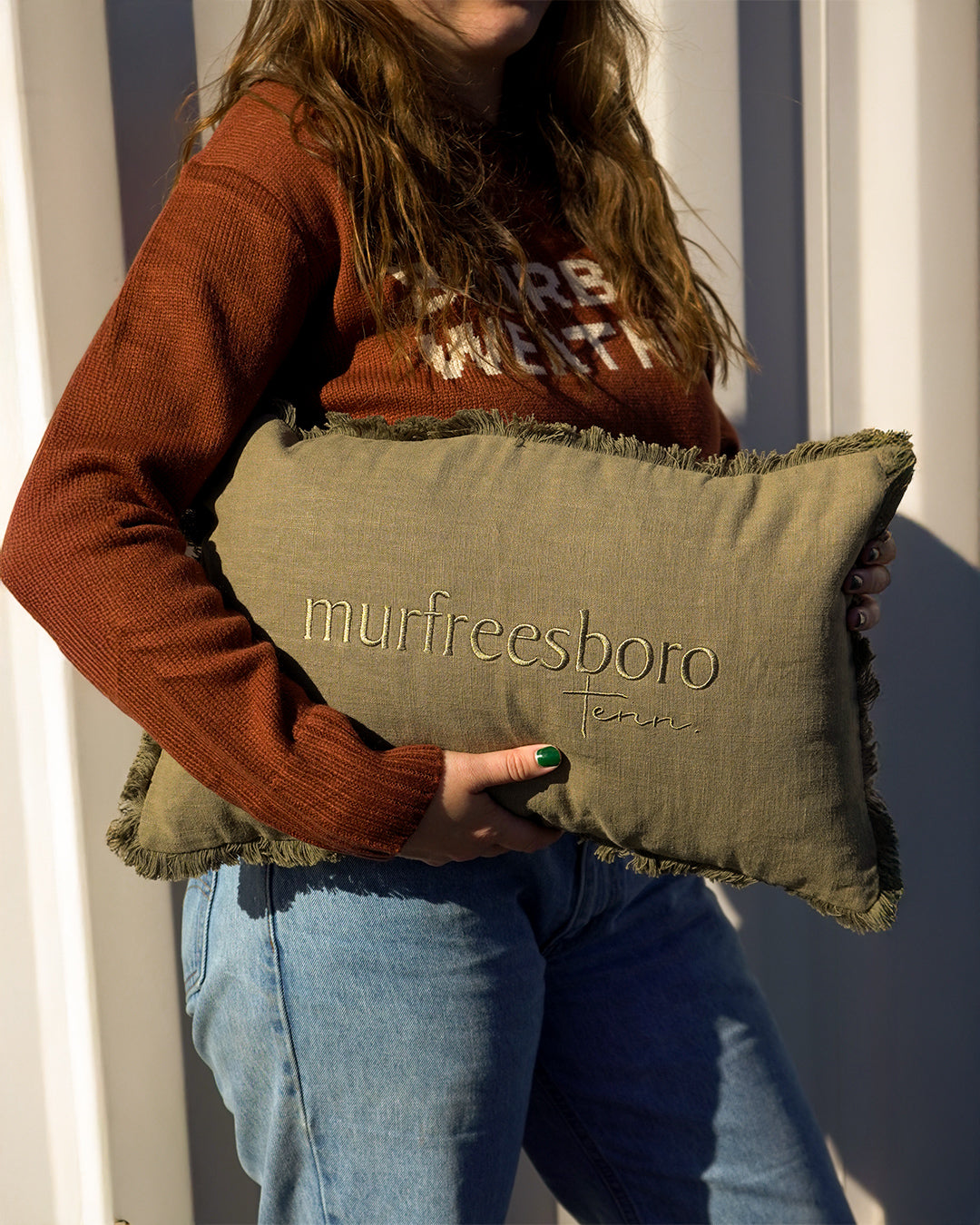 Murfreesboro Tone on Tone Fringe Pillow [Olive Green]