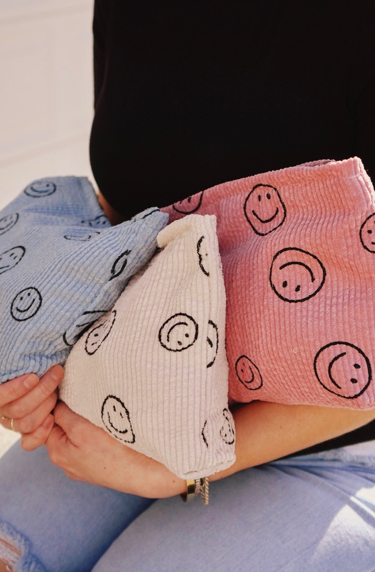Smiley Face Corduroy Cosmetic Bag [Pink]