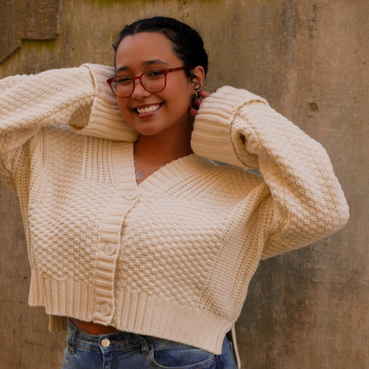 Ivory Cropped Knit Button-Up Cardigan