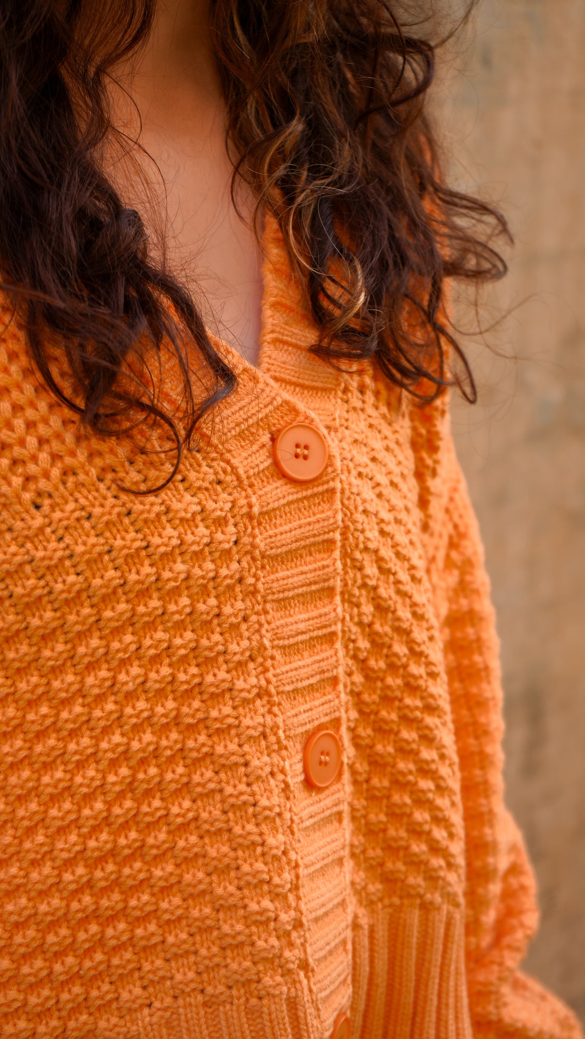 Orange Cropped Knit Button-Up Cardigan