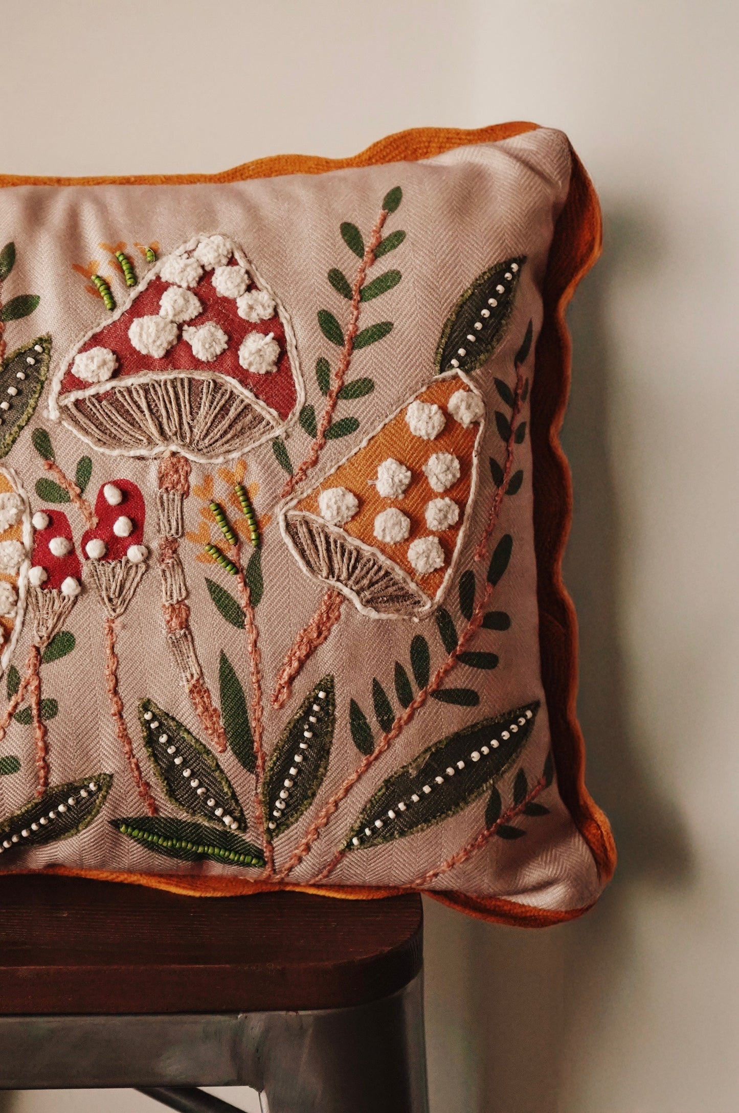Woodland Mushrooms Embroidered Pillow