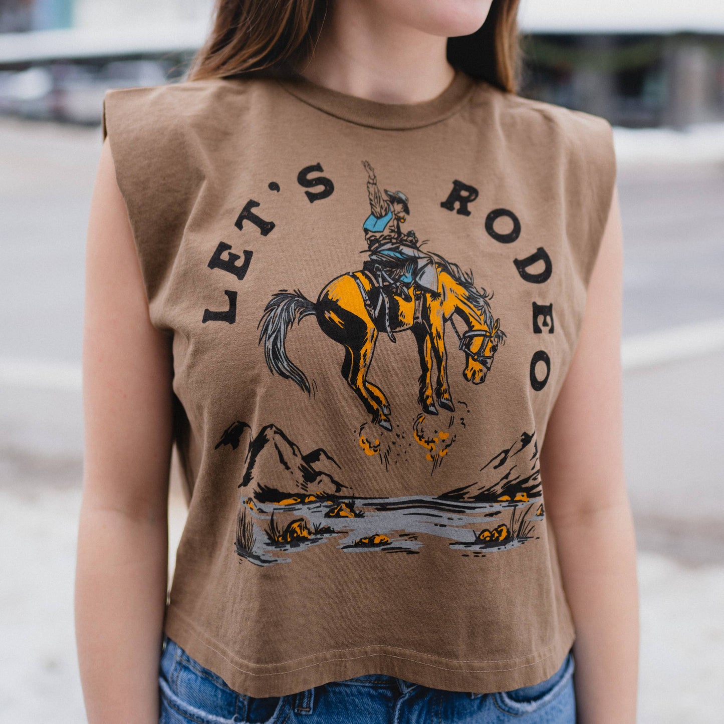 Let's Rodeo Ladies Muscle Tee [Faded Brown]