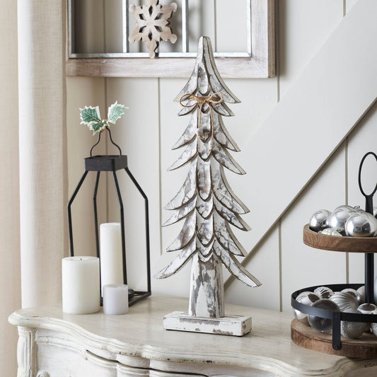 Timber Tidings Distressed White Wooden Tree 21x8.5x2