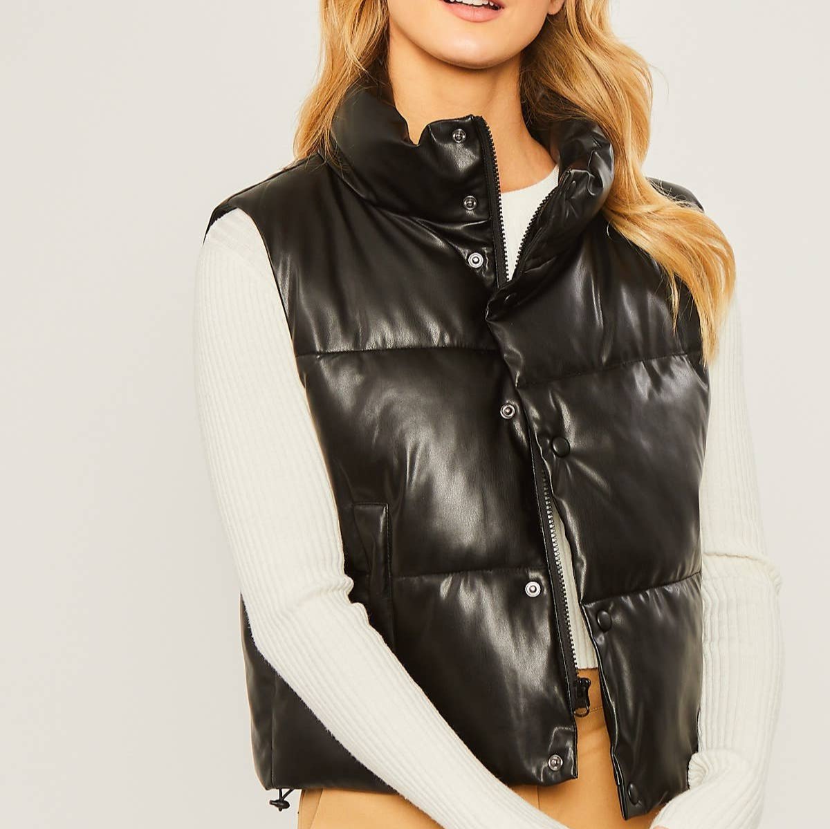 Going Places Faux Leather Puffer Vest [Black]