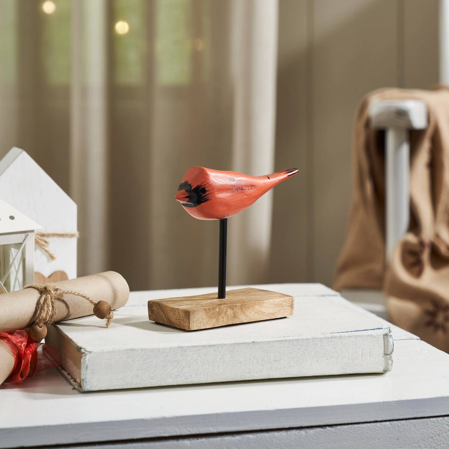 In Flight Natural Wooden Cardinal on Metal Stand 5x5x2